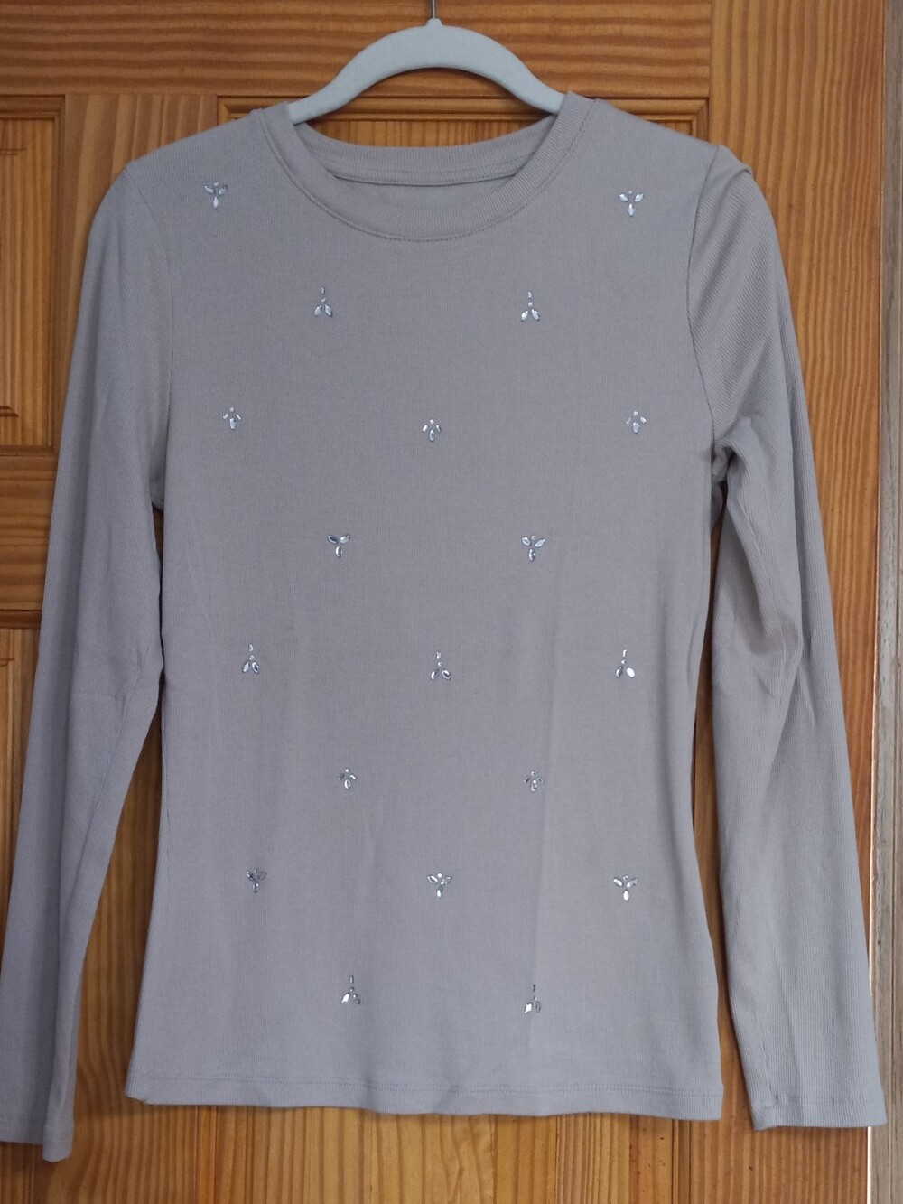 Long Sleeve Embellished Crewneck Top - Taupe